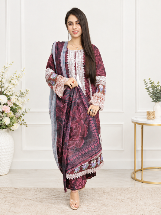 Maroon Floral Embroidered Winter 3-Piece Suit