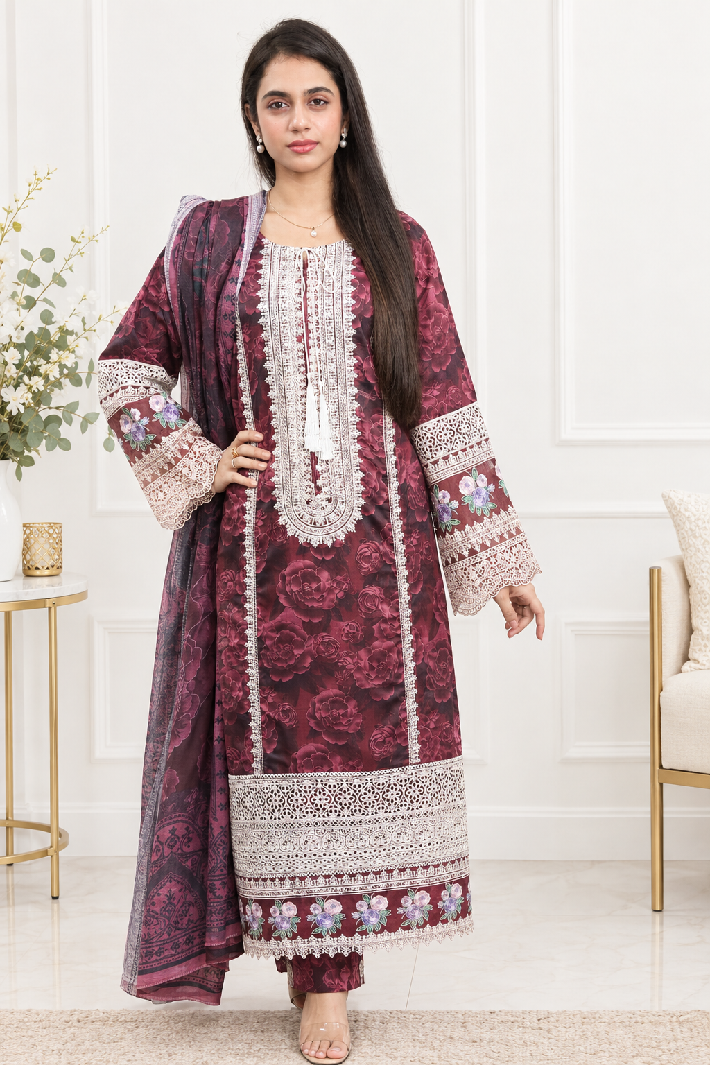 Maroon Floral Embroidered Winter 3-Piece Suit
