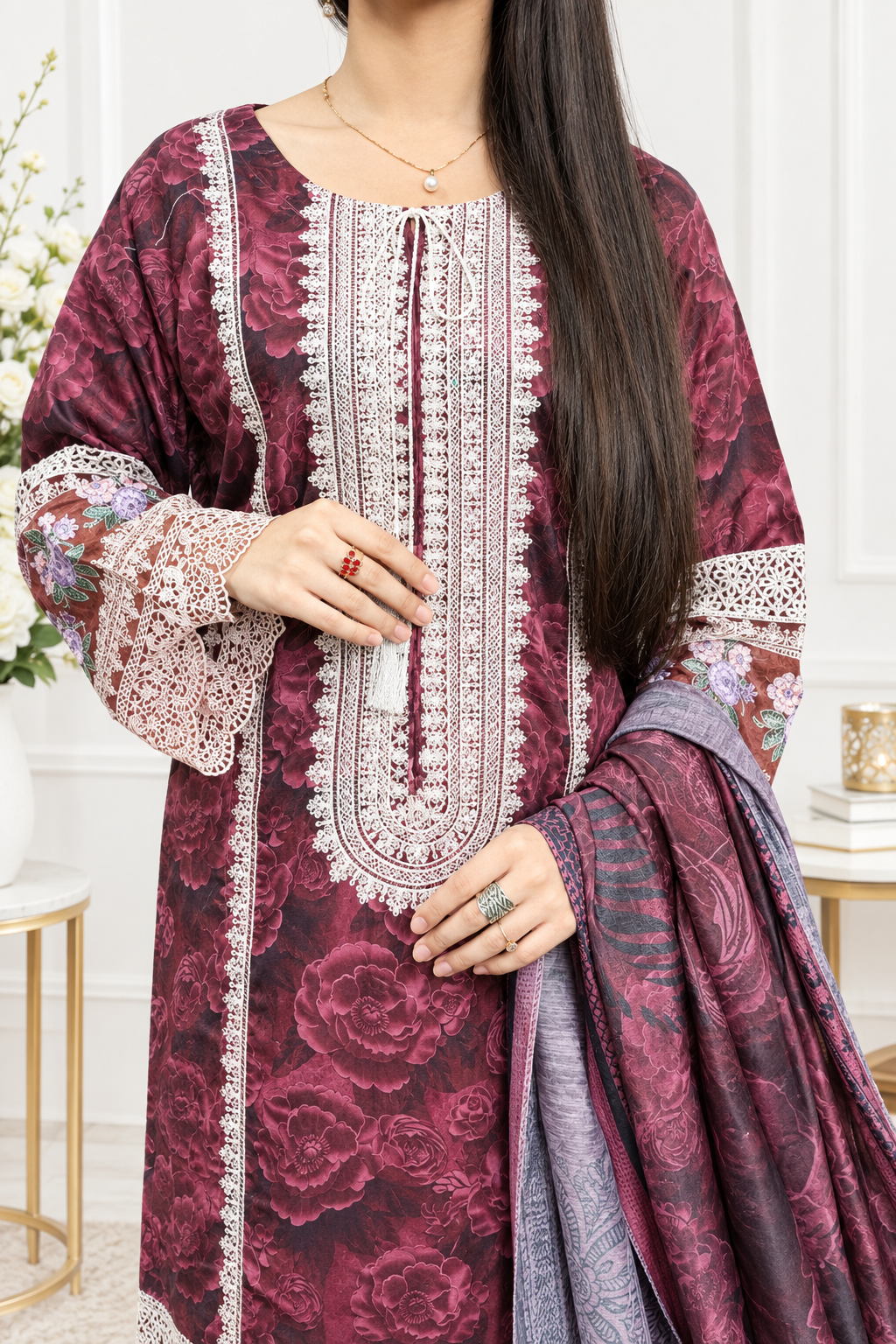 Maroon Floral Embroidered Winter 3-Piece Suit