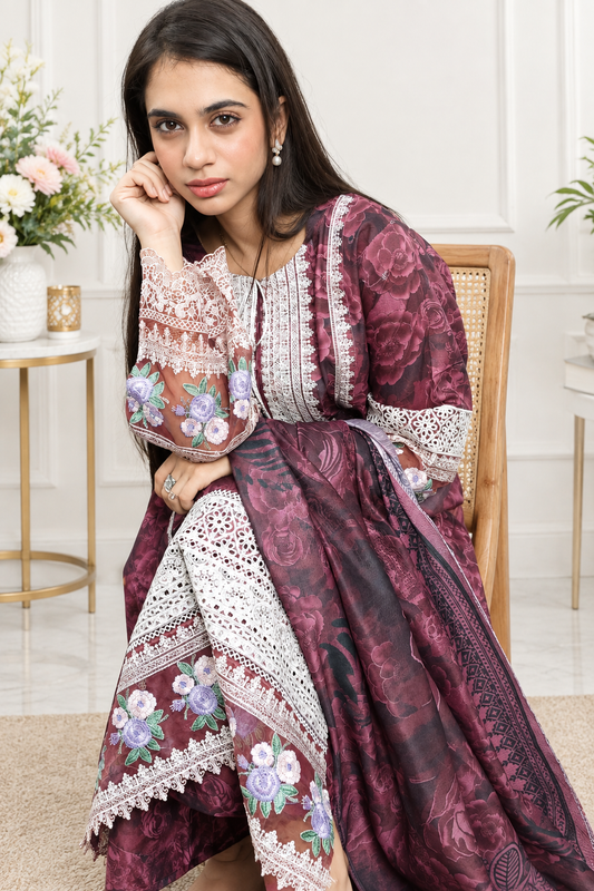 Maroon Floral Embroidered Winter 3-Piece Suit