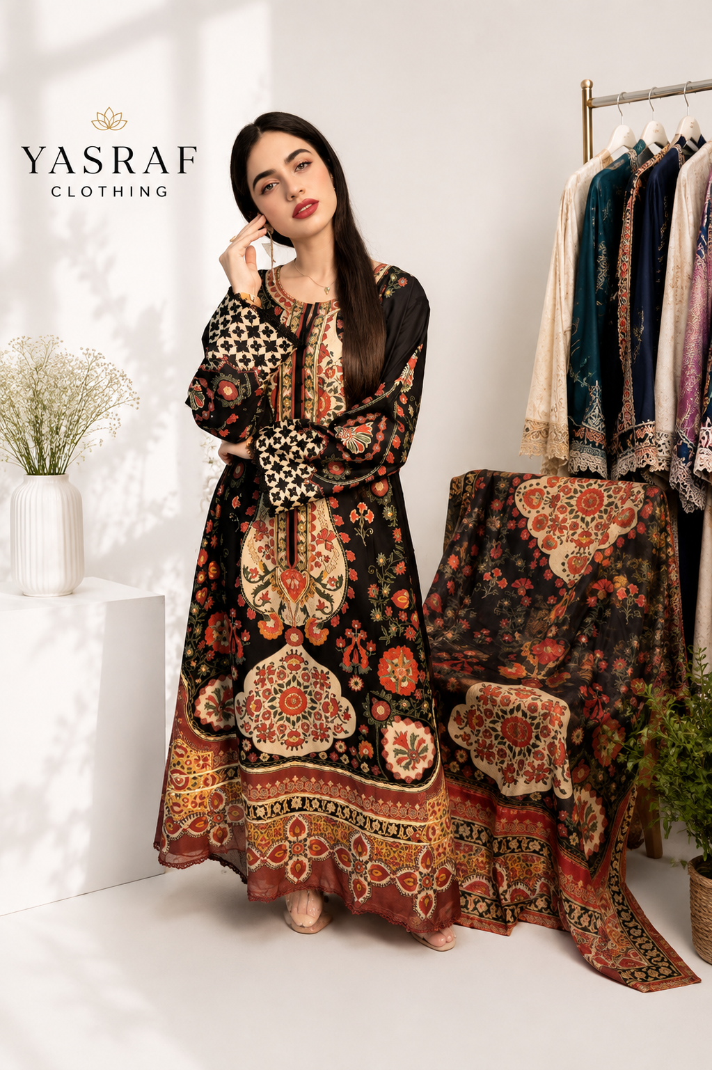 Midnight Floral Printed 3 Piece Winter Suit
