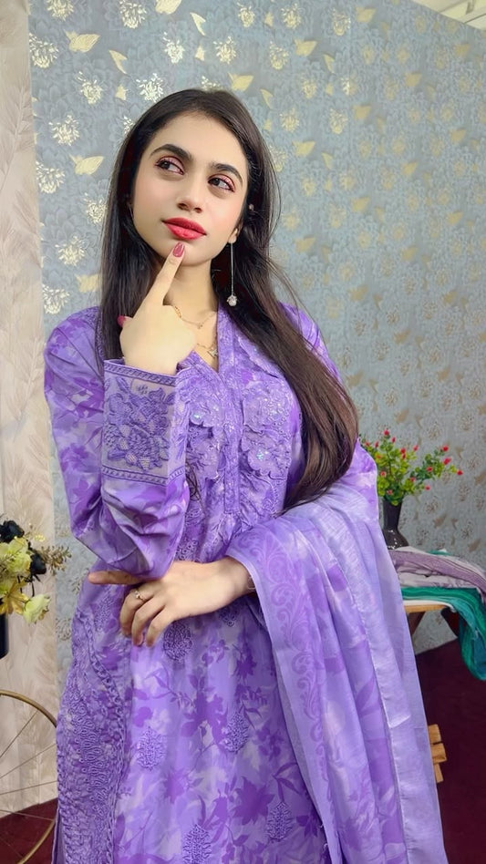 Purple Bloom Embroidered Winter 3-Piece