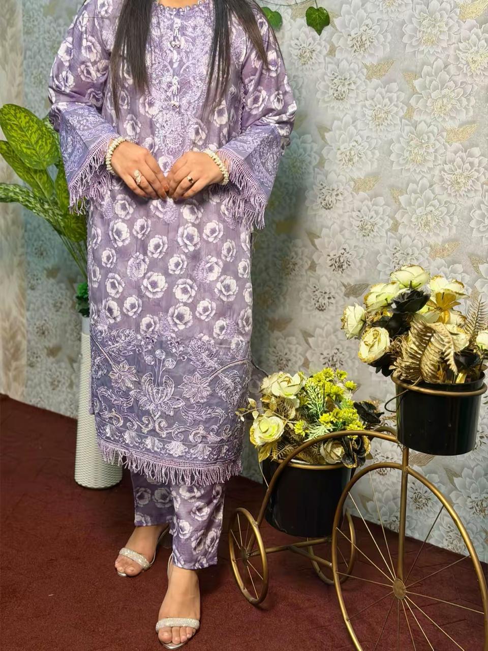 Lavender Floral Embroidered 2 Piece Suit
