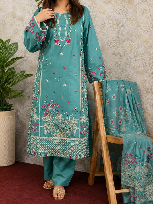 Turquoise Floral Embroidered 3 Piece Suit