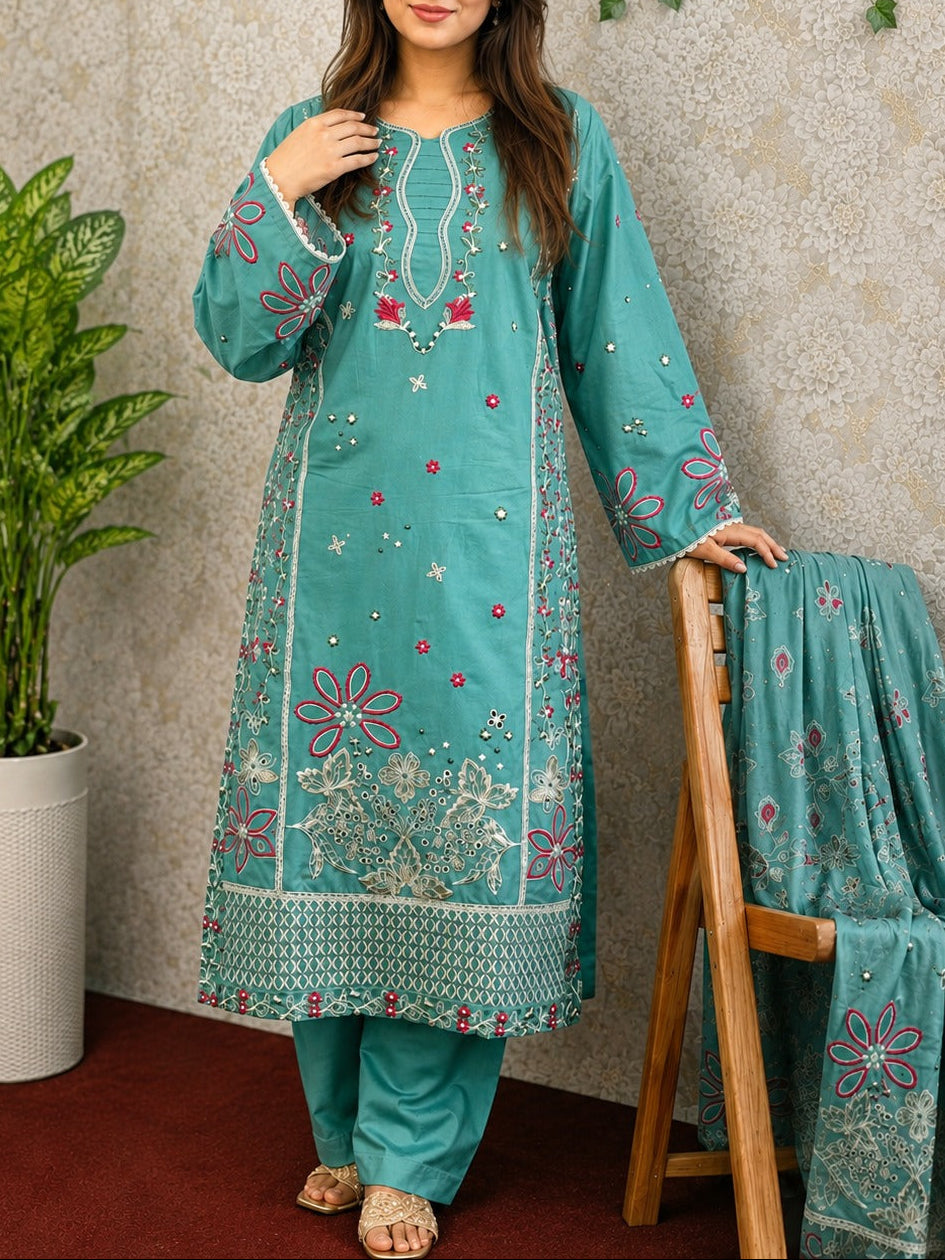 Turquoise Floral Embroidered 3 Piece Suit