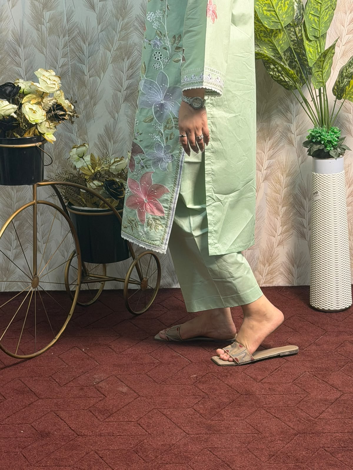 Mint Green Floral Embroidered 3 Piece Suit