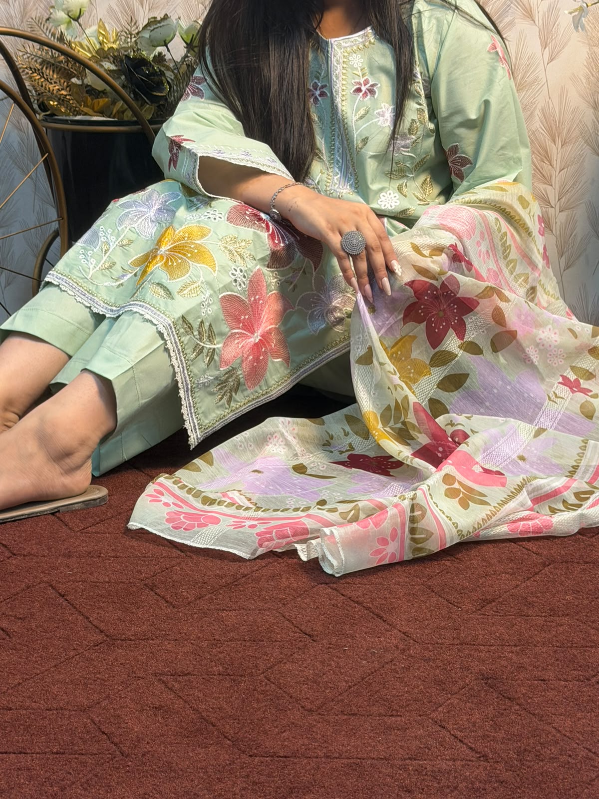 Mint Green Floral Embroidered 3 Piece Suit