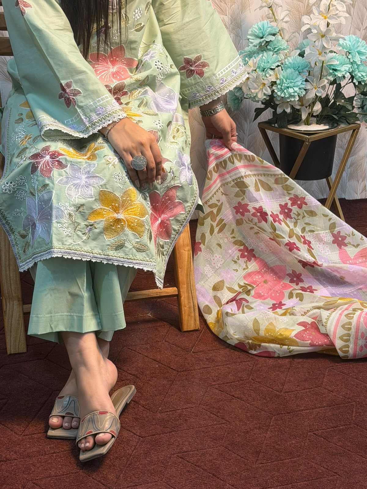 Mint Green Floral Embroidered 3 Piece Suit