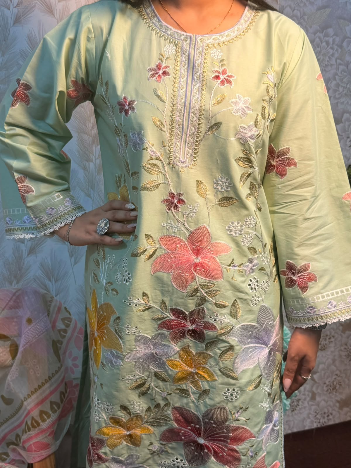 Mint Green Floral Embroidered 3 Piece Suit