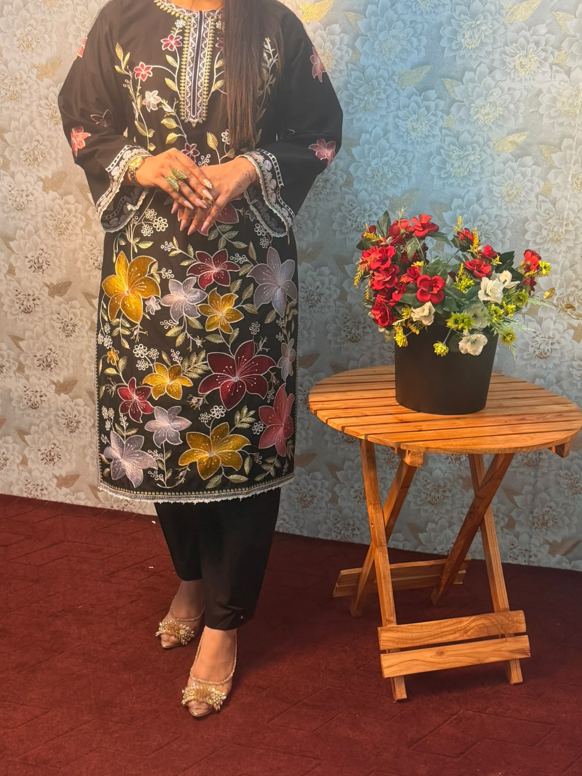 Black Multicolor Floral Embroidered 2 Piece Suit