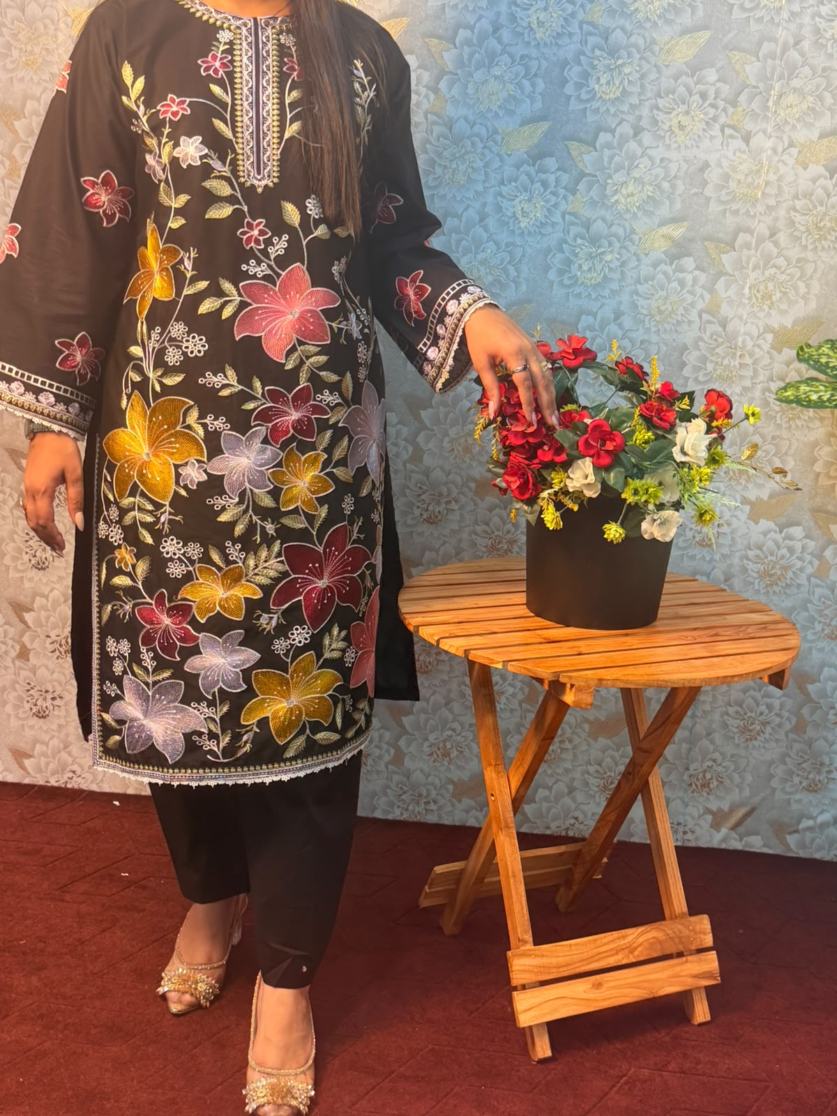 Black Multicolor Floral Embroidered 2 Piece Suit