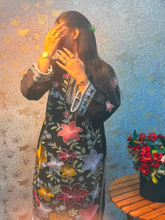 Black Multicolor Floral Embroidered 2 Piece Suit