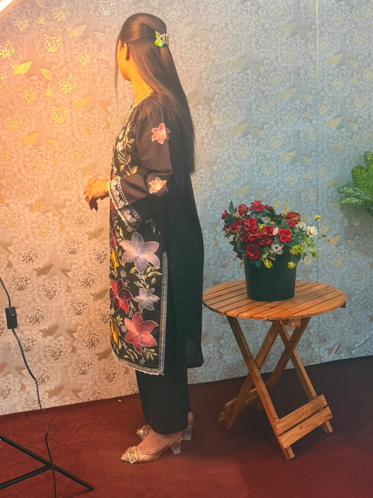 Black Multicolor Floral Embroidered 2 Piece Suit