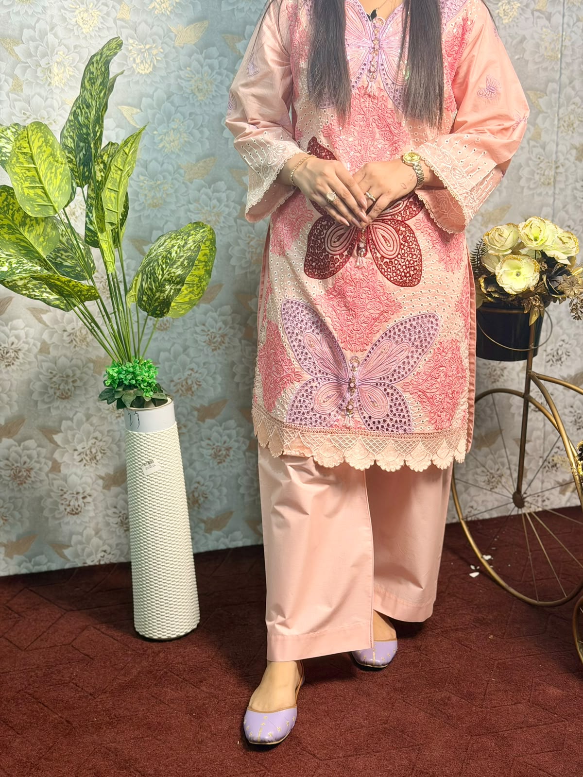 Peach Butterfly Embroidered 3 Piece Suit