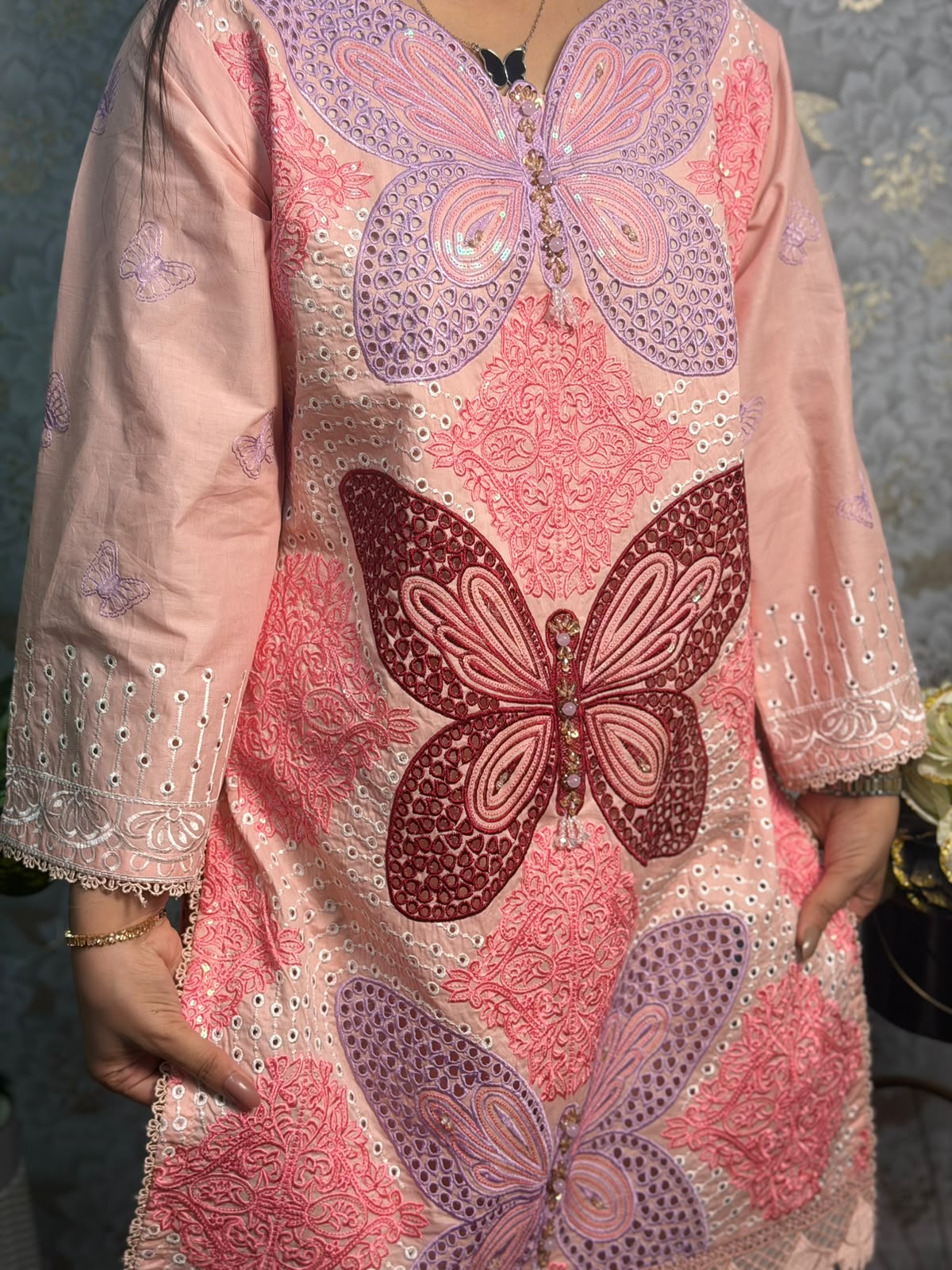 Peach Butterfly Embroidered 3 Piece Suit