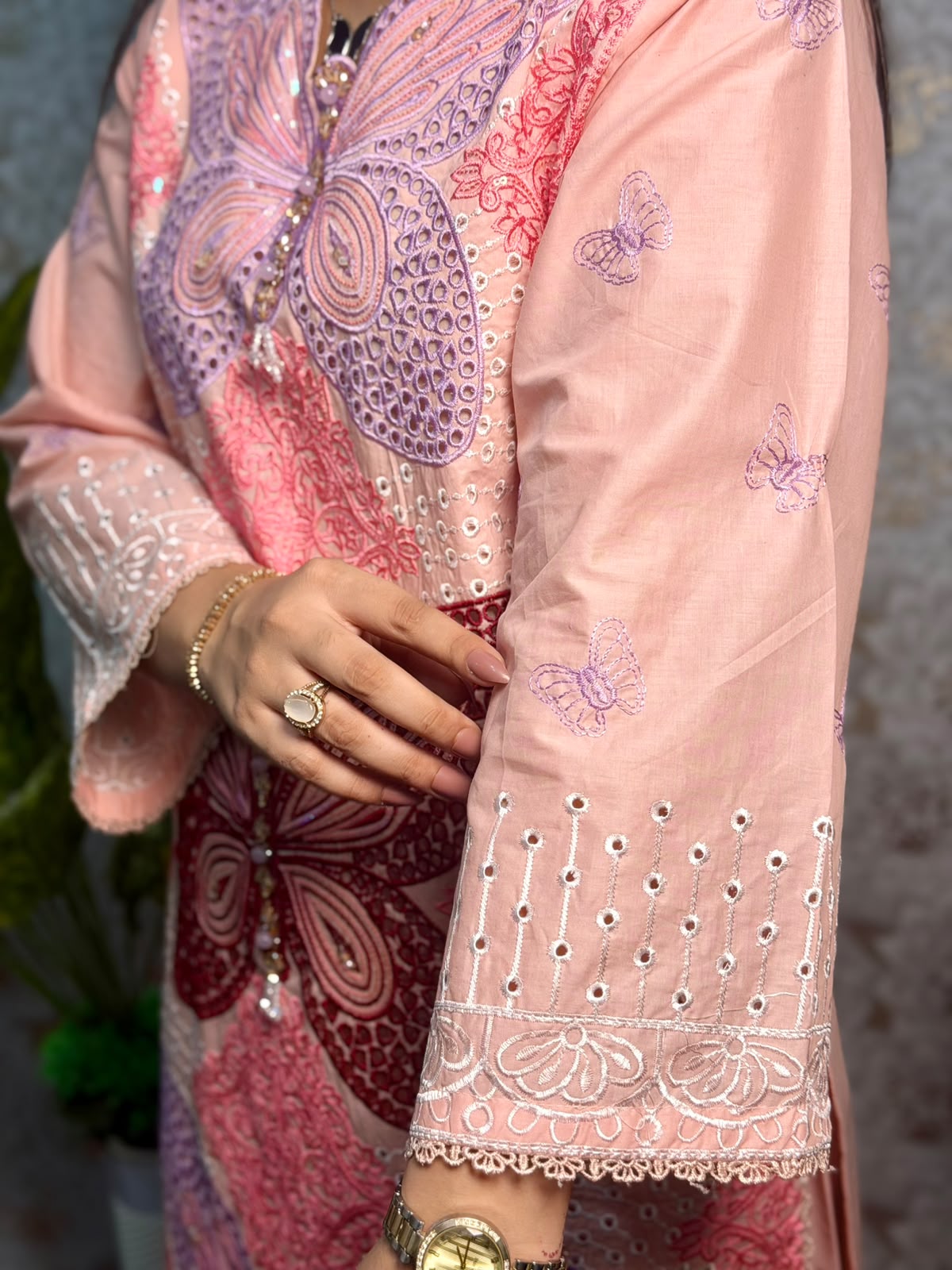 Peach Butterfly Embroidered 3 Piece Suit