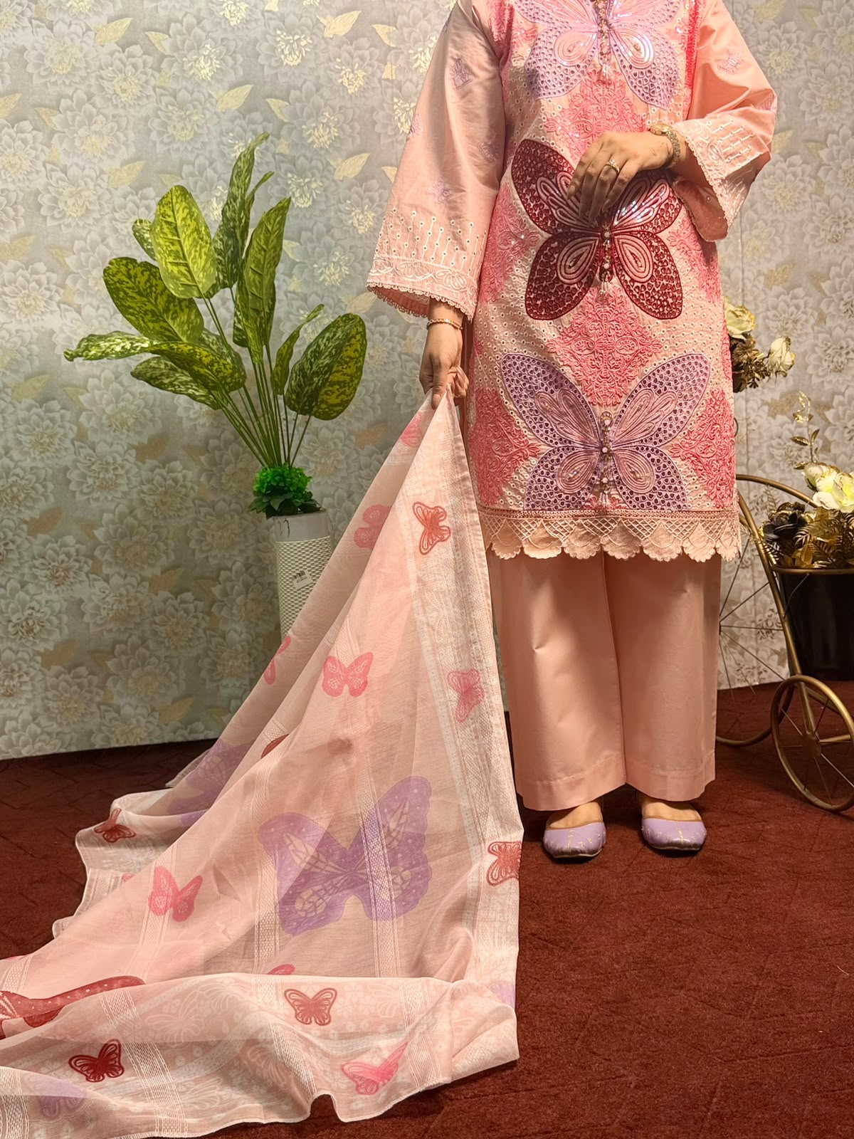 Peach Butterfly Embroidered 3 Piece Suit