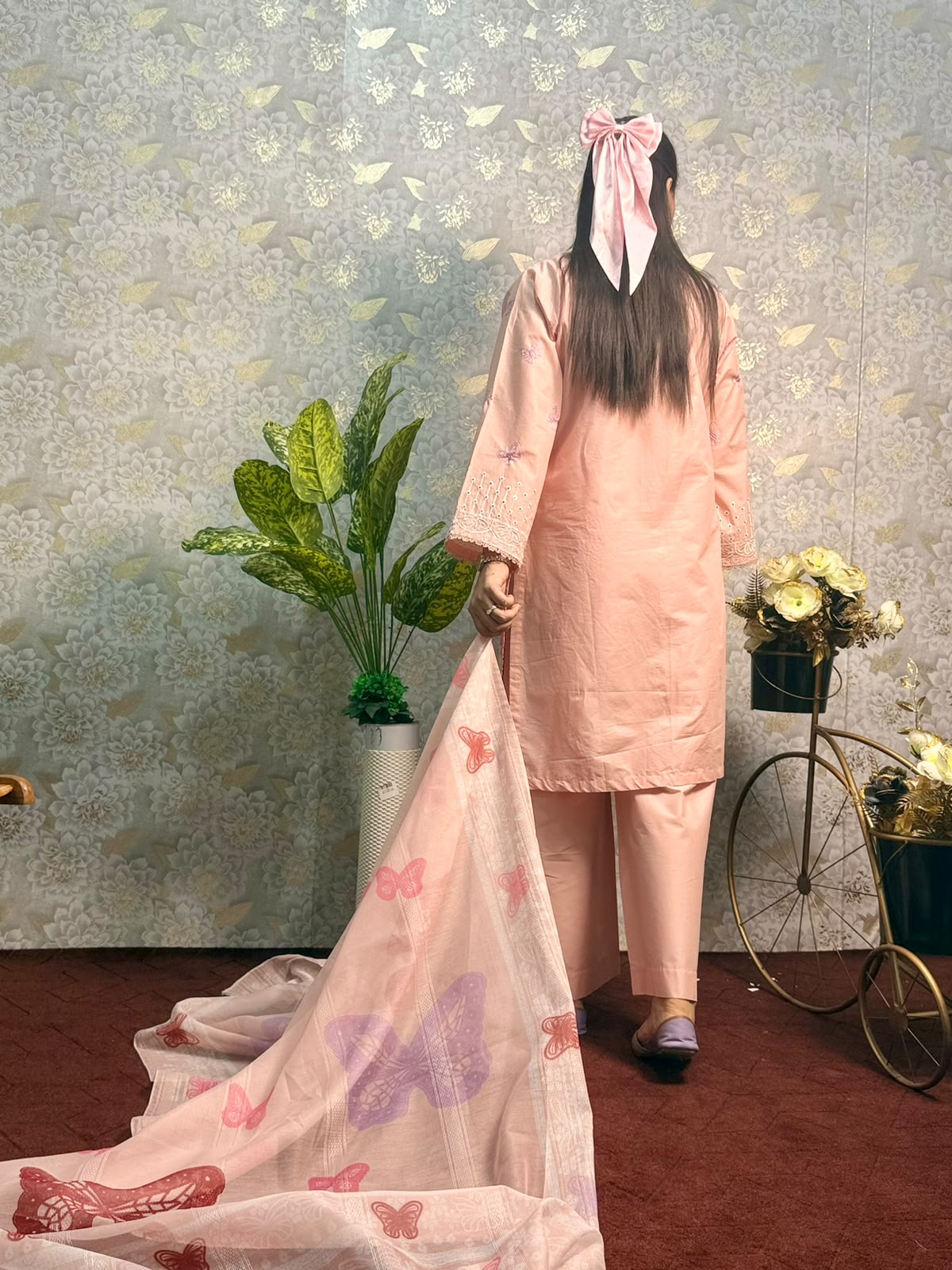 Peach Butterfly Embroidered 3 Piece Suit