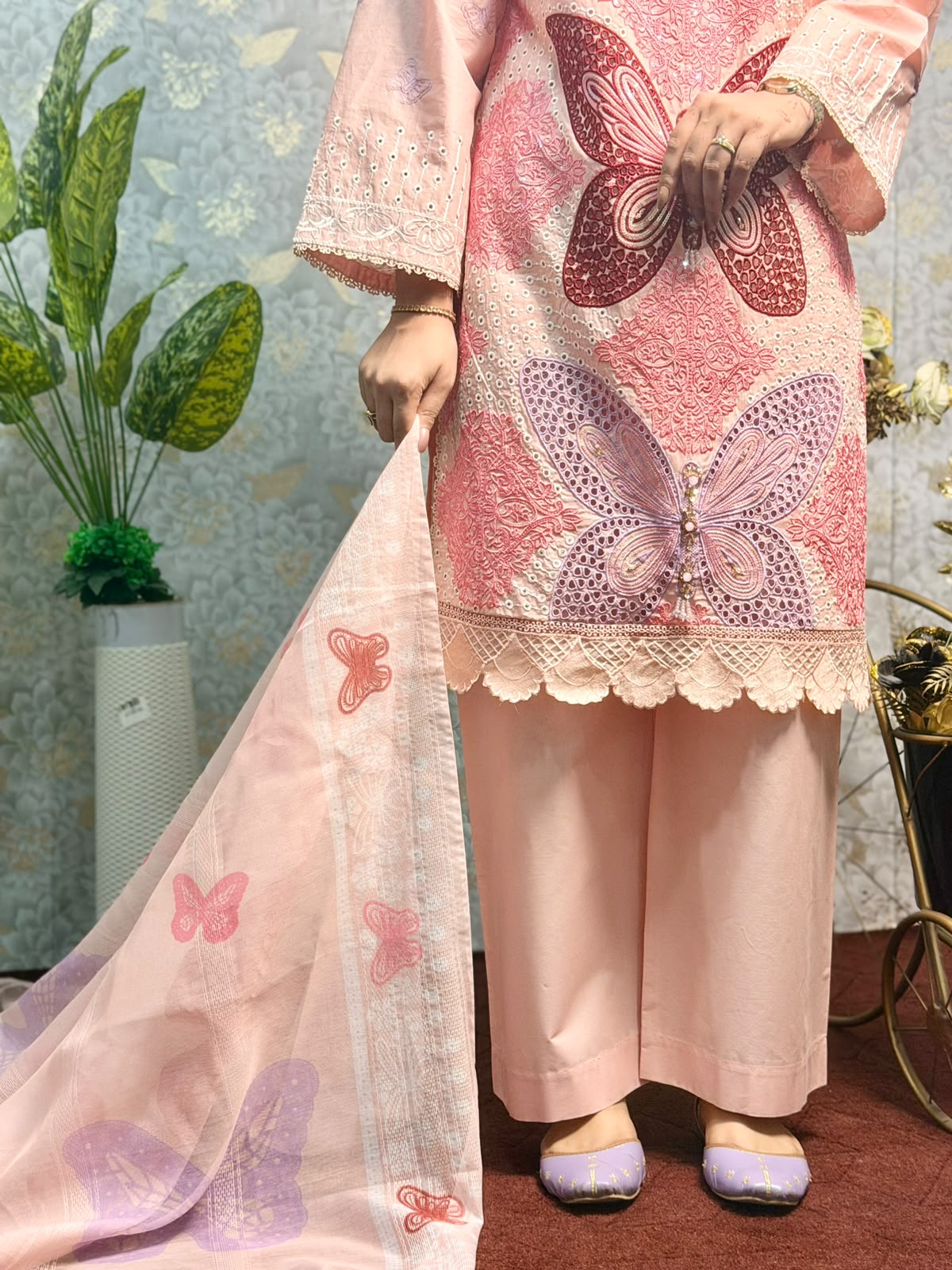 Peach Butterfly Embroidered 3 Piece Suit