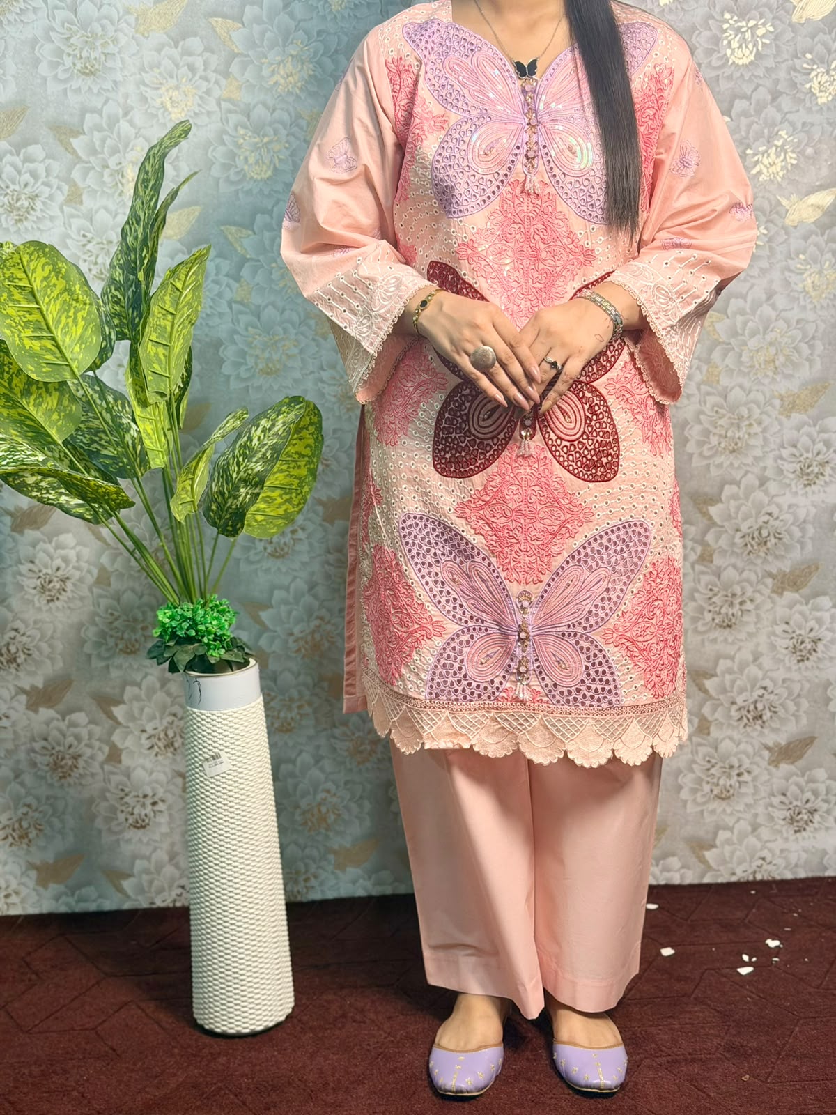 Peach Butterfly Embroidered 3 Piece Suit