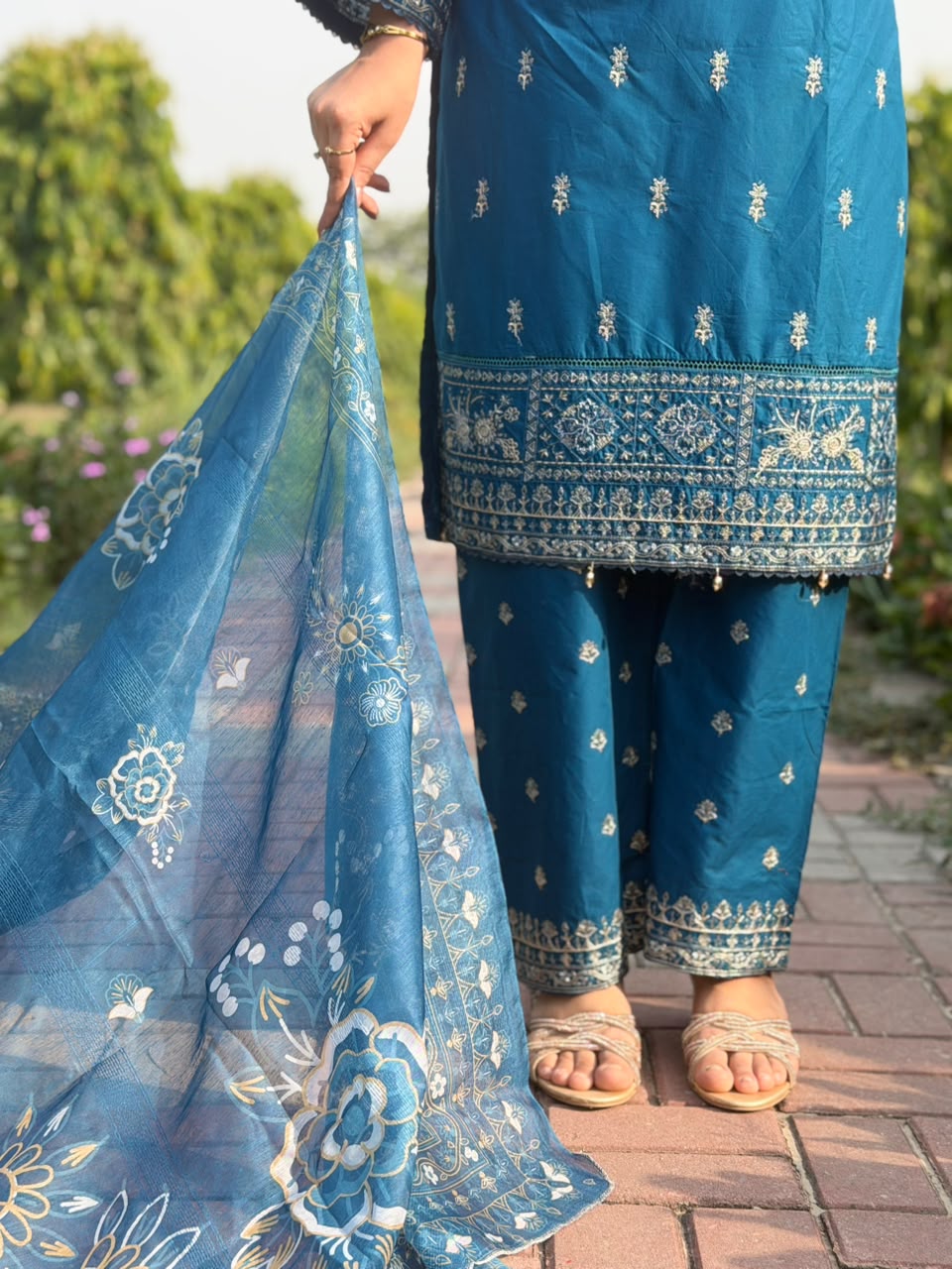 Azure Blue Embroidered 3-Piece Suit