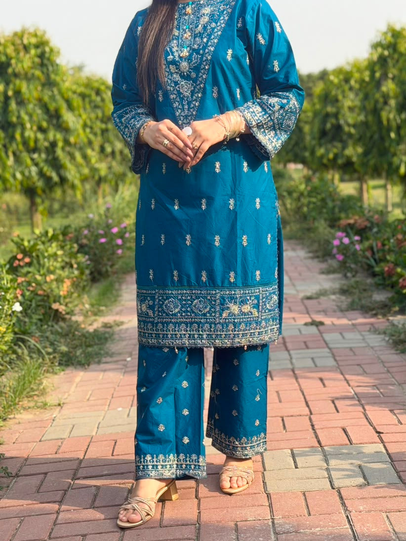 Azure Blue Embroidered 3-Piece Suit