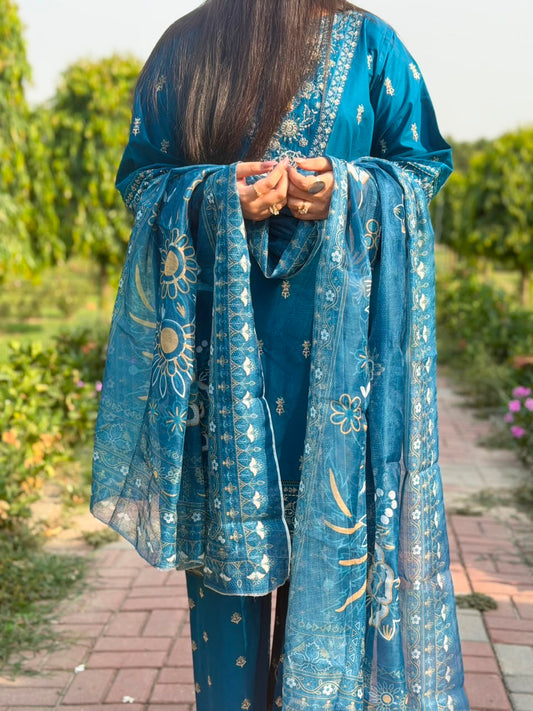 Azure Blue Embroidered 3-Piece Suit