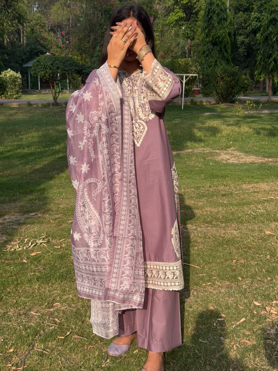 Mauve Embroidered 3 Piece Suit with Printed Dupatta