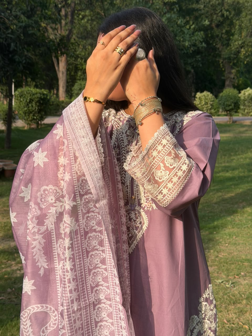 Mauve Embroidered 3 Piece Suit with Printed Dupatta