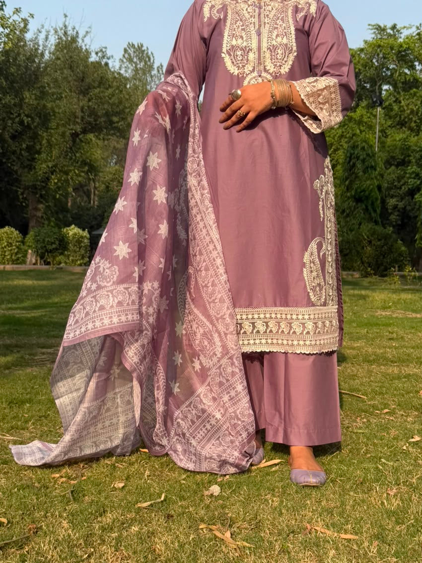 Mauve Embroidered 3 Piece Suit with Printed Dupatta