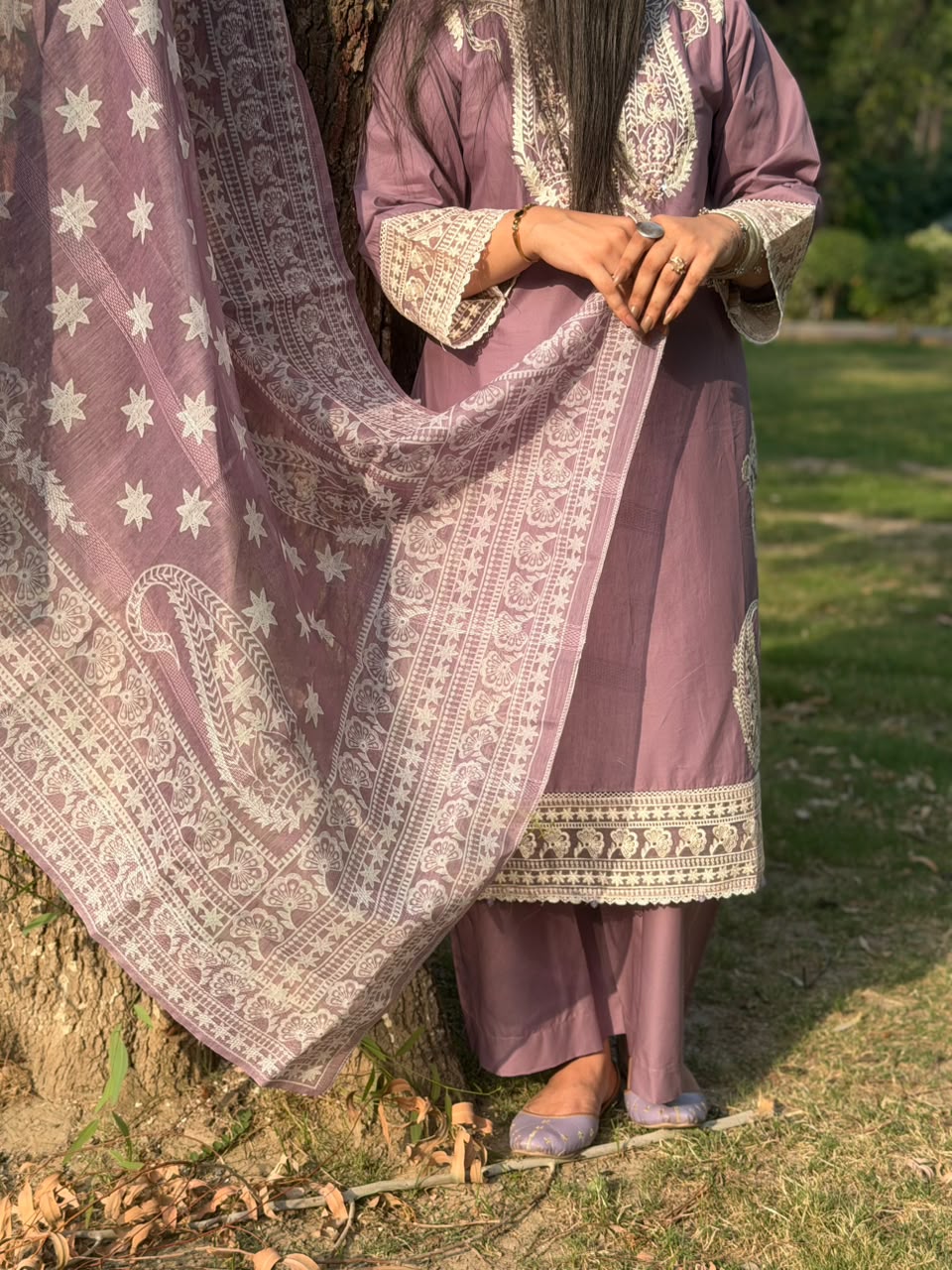 Mauve Embroidered 3 Piece Suit with Printed Dupatta