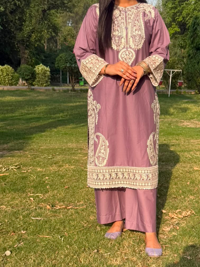 Mauve Embroidered 3 Piece Suit with Printed Dupatta