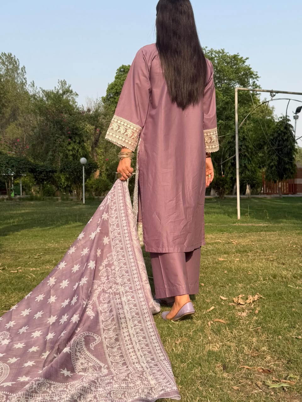 Mauve Embroidered 3 Piece Suit with Printed Dupatta