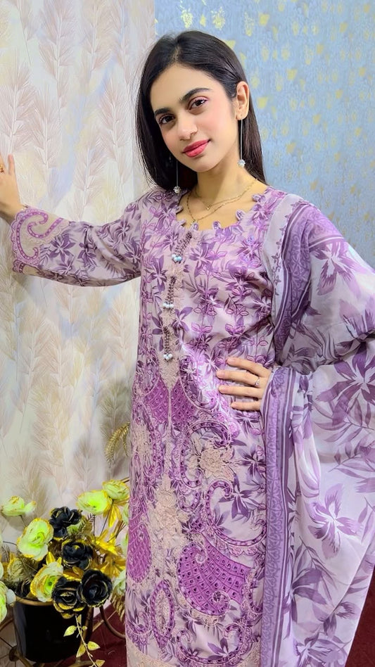 Lavender Floral Printed 3-Piece Suit