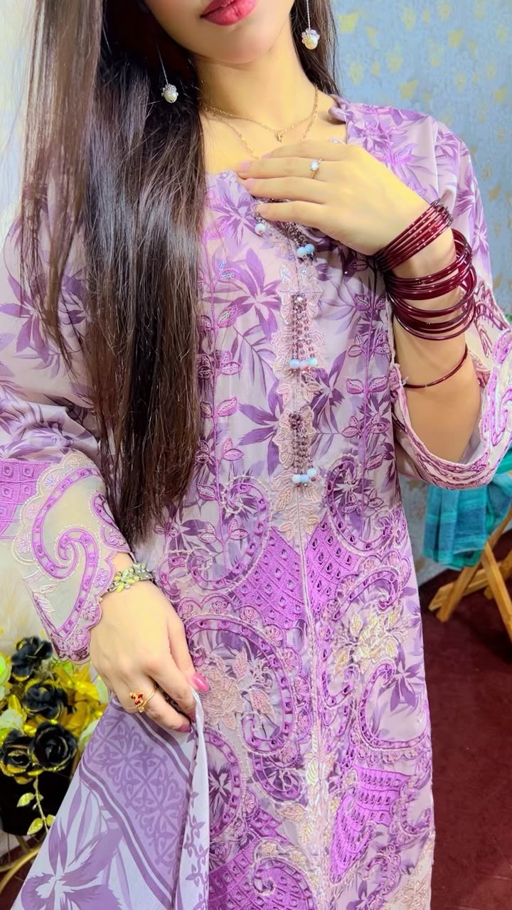 Lavender Floral Printed 3-Piece Suit