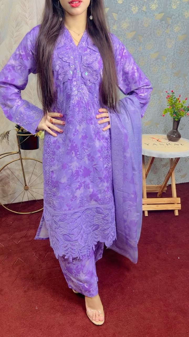 Purple Bloom Embroidered Winter 3-Piece