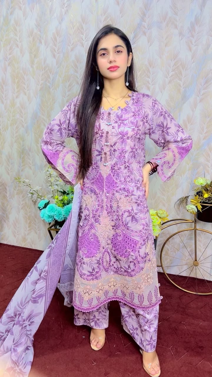 Lavender Floral Printed 3-Piece Suit