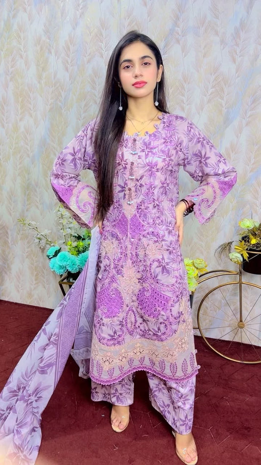 Lavender Floral Printed 3-Piece Suit