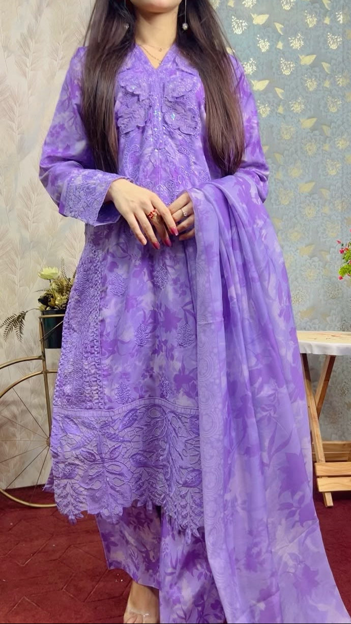 Purple Bloom Embroidered Winter 3-Piece