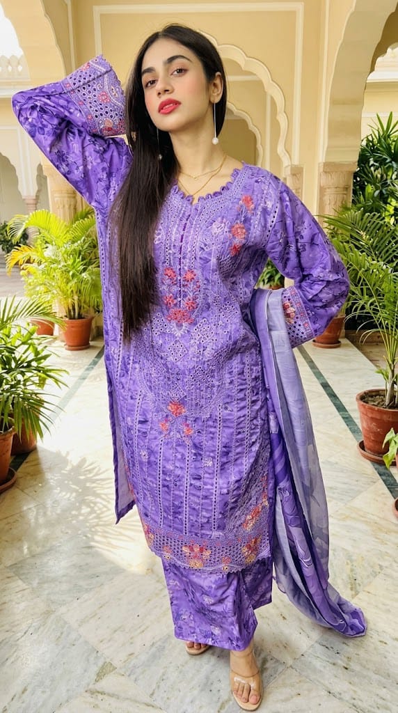 Lavender Purple Embroidered Winter 3-Piece Suit