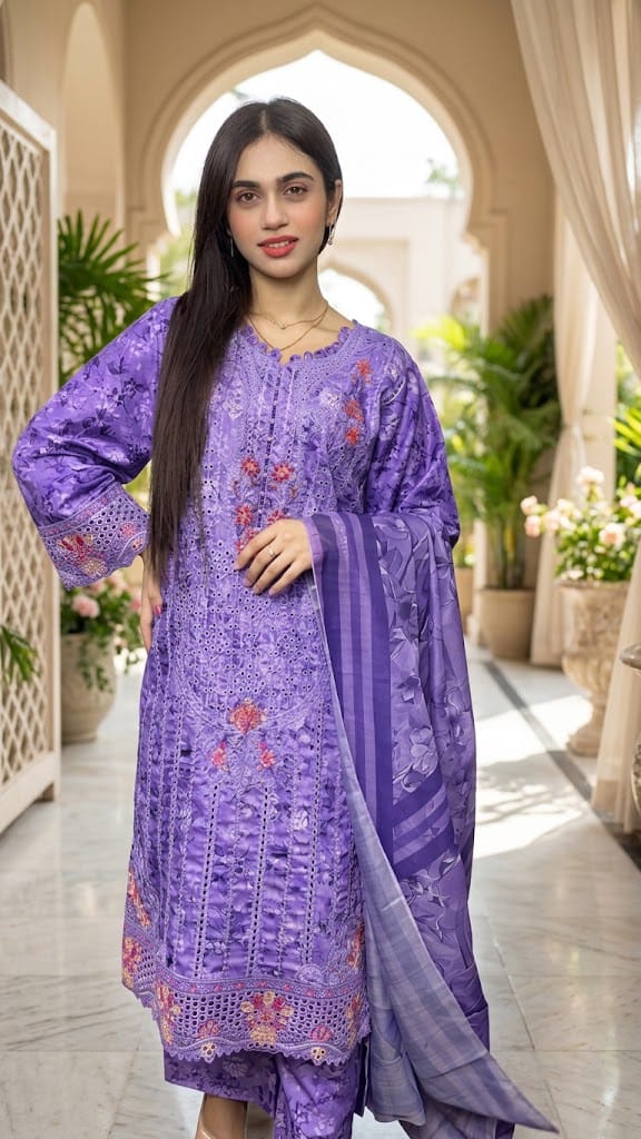 Lavender Purple Embroidered Winter 3-Piece Suit