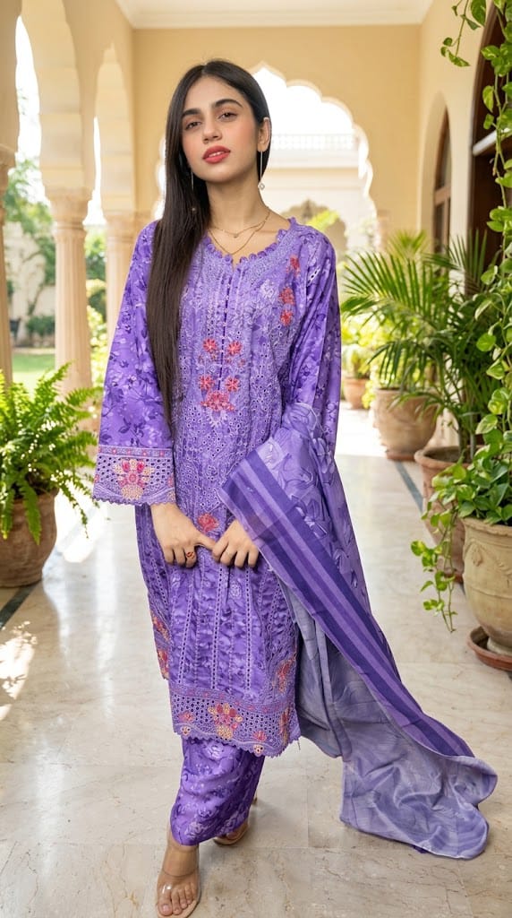 Lavender Purple Embroidered Winter 3-Piece Suit