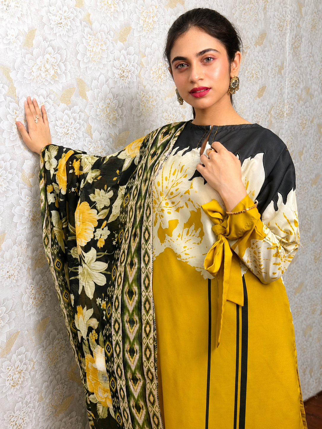 Mustard Black Floral Printed 2 Piece Suit